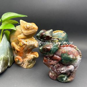 Ocean Jasper Lagarto Crânio Presente Realista Escultura Ágata Natural Cristal de Quartzo Camaleão Estátua de Pedra Colorida Réptil Animal Figura para Transformação Espiritual