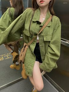Kvinnor jackor 2023 Autumn Green Long-Sleeve Denim Jacka Kvinnor avvisar krage singelbröst streetwear Loose Casual Jean Coat Kvinna