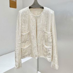 Giacche da donna Moda Paillettes Giacca bianca Runway Desgin Casual Bottone ricoperto Girocollo Cappotto Temperamento Chic Abbigliamento donna manica lunga