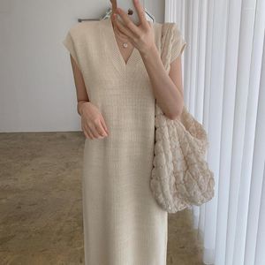 Vestidos Casuais Coreano Chique Verão Vintage Simples Decote em V Solto Sólido Sem Mangas Malha Regata Vestido Longo Feminino