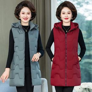 Kvinnors västar Autumn Winter Down Cotton Vest Women Waistcoat 2023 Middle Age ärmlös jacka stor storlek huva varm lång 5xl