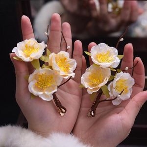 Grampos de cabelo de seda floral clipe lateral de casamento chinês para mulheres flor amarela grampo de cabelo vintage vestido hanfu tiaras jóias