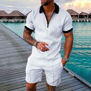 Мужские спортивные костюмы мужской летний случай повседневного припечатка молнии выключить воротник блузка с коротким рукавом с короткими рубашками наряды