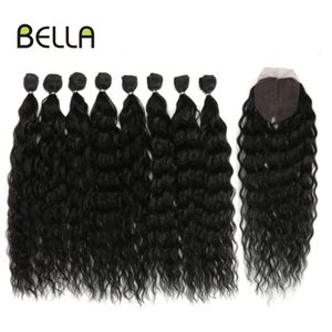 Hair Bulks Bella Synthetic Hair Extensions Curly Hair Bundles With Closure Water Wave Synthetic Bundles 9Pcs 20 inch Ombre Brown For Women 230608
