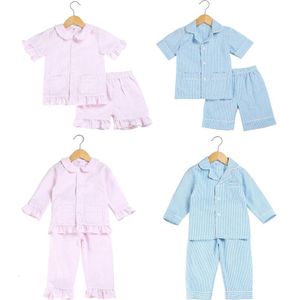 Bawełniana piżamą Stripe Seersucker Sets Letni butique domowa odzież snu dla dzieci i dziewczyna 12M 12Years Button Up PJs 230609