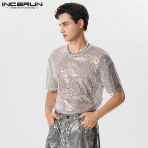 Men's T Shirts INCERUN Men Shirt Sparkling Sequin O-neck Short Sleeve Party Fashion Tee Tops Streetwear Loose Transparent Camisetas S-5XL