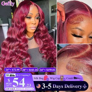 Hair pieces Gefily 99j Body Wave 13x4 Burgundy Lace Front Human Hd Frontal Pre Plucked With Wine Red 24inches 230609