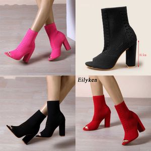 Yaz Sandalet Peep Toe Moda Örme Streç Kumaş Çorap Botlar Kadınlar Kare Yüksek Topuklu Dans Chelsea Botines Ayakkabı Bahar/Sonbahar 230511