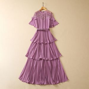 2023 Summer Purple Embroidery Sequins Belted Chiffon Dress Kort ärm Runda nacke veckade långa maxi casual klänningar S3L090608