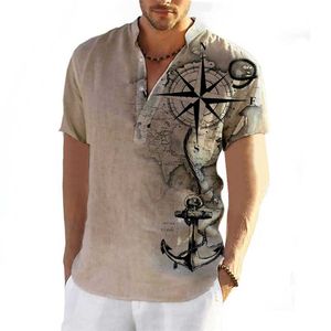 Camisa masculina de manga curta Henry camisa masculina havaiana Y-3D padrão de bússola designer de roupas moda moda de rua declínio verão