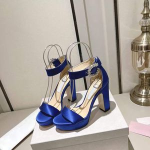 Fashion Women Sandals Pumps Famous Max Bing 120 mm Suede Satin Italy Originals Ankle Sling Diamond Button Designer Evening Dress Coarse Heel Sandal High Heels EU 34-43