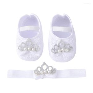 First Walkers Baby Girls Flats And Headband Soft Pearl Crown Princess Wedding Dress Walking Shoes For Born Infant Toddler