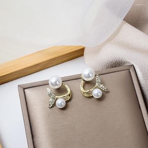 Dangle Earrings Fan-shaped Two-ear Pearl Korean Temperament Fashion Wild Exquisite Tiny Ear Studs Elegant