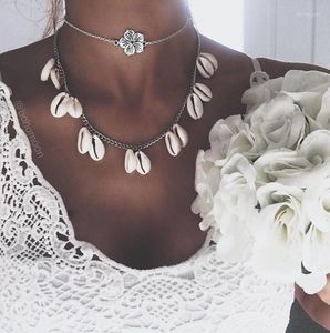 Hänge halsband strandskal halsband vintage silver färg charms snidande blommor kedja chocker för kvinnor smycken grossist c19409