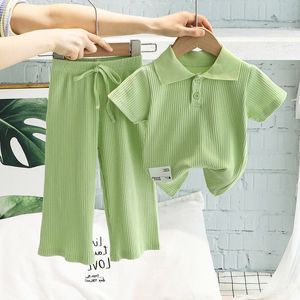 Clothing Sets Girls Summer Suit Children ShortSleeved Polo Shirt Wide Leg Pants 2Pcs Baby Loungewear Fashion Pit Stripe Outfits 230608
