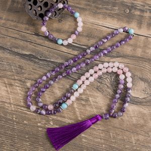 Collane con ciondolo 8MM Set di perline di quarzo rosa con ametista naturale 108 Japa Mala Yoga Meditazione Spirito Gioielli pacifici Collana con ciondolo nappa 230608