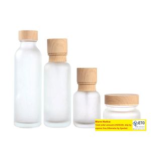2021 50ML 110ML 150ML Vaso crema di vetro gelo con coperchi in legno Tappo Bottiglia spray per lozione in vetro smerigliato Bottiglia per lozione vuota cosmetica