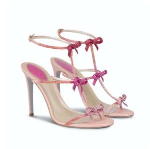 Tasarımcı Topuklar Düğün Sandal Kadınlar Rene C Yüksek Topuklu Renes-C Zarif Mücevher Sandalları Caterina Strass Çift Bow Luxury Marka Tasarımcı Süper Kalite
