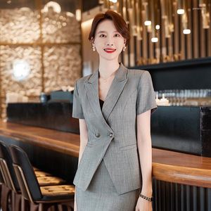 Women's Two Piece Pants Formal Women Business Suits With And Tops Summer Short Sleeve Novelty Professional Blazers Female Pantsuits OL