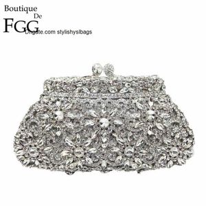 Shoulder Bags Boutique De FGG Flower Crown Minaudiere Clutch Silver Crystal Evening Handbag Women Party Prom Bag Bridal Clutches Wedding Purse