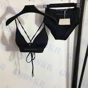Conjunto de roupas íntimas femininas com letras de strass, biquíni clássico preto, roupa íntima de cintura alta