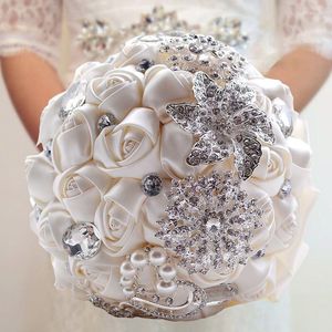 Ivory Rose Artificial Wedding Bouquet with Pearls and Beads - Bridal Bridesmaid Handheld Flower Arrangement
