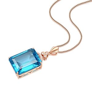 Pendant Necklaces Rectangular Aquamarine Create-Topaz Rose Gold Plated Gem Female Chain Necklace Jewelry For Women