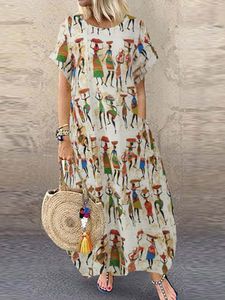 Grundläggande avslappnade klänningar Kvinnor Summer Sundress Zanzea Stylish Cartoon Print Maxi Dress Casual Short Sleeve Tunic Vestidos Kvinna O Neck Robe Oversize 230608