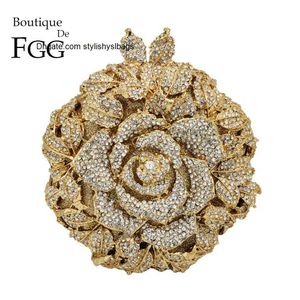 Shoulder Bags Boutique De FGG Elegant Rose Flower Women Crystal Evening Clutch Bags Bridal Floral Handbag and Purse Wedding Party Diamond Bag