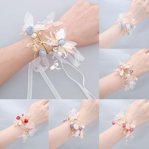 Dekorative Blumen Mädchen Brautjungfer Handgelenk Armband Hochzeit Party Corsage Hand Band Rose Perle Schleife Bridel Geschenke