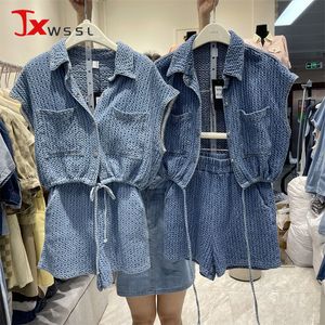 Kadınlar İki Parçalı Pantolon Yaz Twopiece Suit Düz Renk Tek Yemeli Kısa Denim Yelek Elastik Yüksek Bel Şortları 2 Set 230608