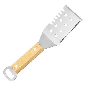 Steak Pizza Spatula With Wood Handle Beer Opener Grill Cooking Utensil Stainless Steel Barbecue Scraper for Pancake Griddle Kitchen Tool