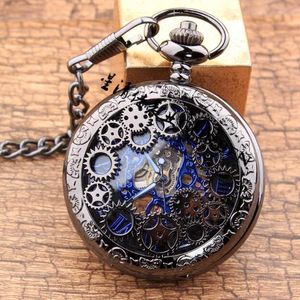 Gear Gun Black Mechanical Pocket Watch ретро -лоскут полой колье карманные часы для мужчин и женских часов