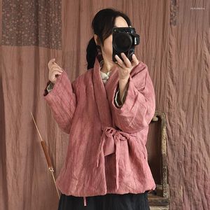 Women's Trench Coats Linen Padded Coat Women Winter Vintage Chinese Style V-Neck Thicken Warm Baggy Kimono Outerwear