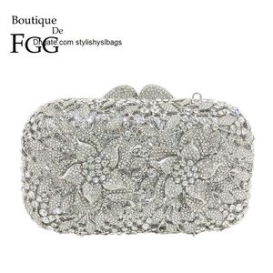 Shoulder Bags Boutique De FGG Dazzling Silver Flower Women Crystal Clutch Evening Bags Hollow Out Wedding Party Shoulder Handbag and Purse