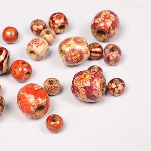 Perlen 20–100 Stück, gemischt, bedruckt, Holz, großes Loch, Perlen, DIY, Schmuck, Zubehör, Herstellung, Halskette, Armband, Makramee, Basteln