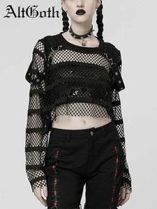 Damen T-Shirt AltGoth Gothic Dark Fishnet T-Shirt Frauen Y2k Cyberpunk Streetwear Durchsichtig Langarm Crop Tee Tops Emo Alt Indie Kleidung 230608