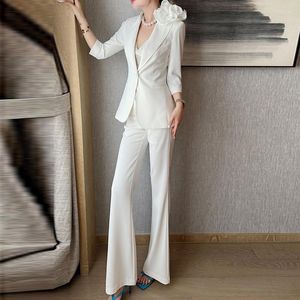 Women's Two Piece Pants Summer Flower Blazer Tops Pant Suits Women Fashion Single Button Slim Jacket Flare Trousers Office Outfits Outwear 2