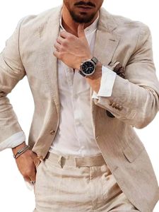 Mäns kostymer Blazers Summer Beach Business Linen Men skräddare gjorde 2st jacka med byxor formell smoking Blazer byxor Party Wear Man's Clothing 230609