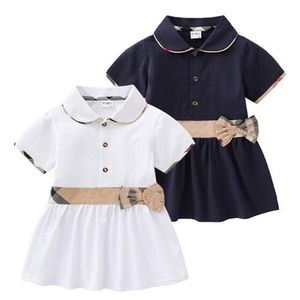 Moda meninas vestidos de algodão crianças bebê turn-down colarinho manga curta bowknot vestido bonito da criança menina princesa saia crianças roupas