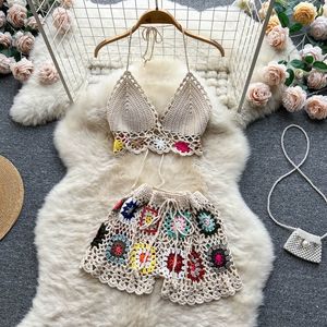 Women's Two Piece Pants Knit Crochet Sunflower Boho Two Piece Set Summer Bra Top And Drawstring Wide Leg Flare Shorts Sexy Beachwear Holiday Outfits 230608