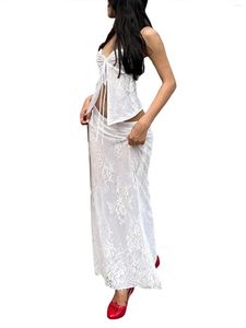 Vestido de duas peças 2 conjuntos de saia maxi para mulheres regata com amarração nas costas, cintura alta, malha longa de crochê A1-branco