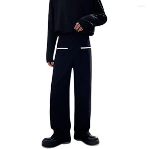 Männer Hosen 2023Winter Wolle Splice Männer Dicke Herbst Leder Seite Streifen Casual Gerade Hose Koreanische Streetwear Mode Vintage Anzug ma