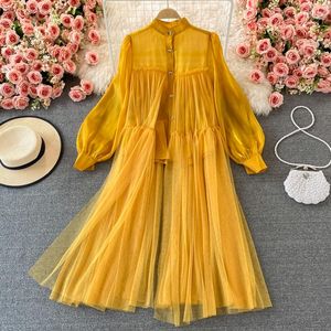 Casual Dresses Seaside Beach Sun Protection Dress Women Ruffle Mesh Patchwork Shirt Lady Puff Long Sleeve A Line Large Hem Vestido