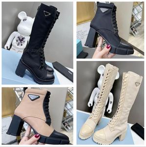 Designer-Frauen-Plaque-Stiefel schnüren sich oben Plattform-Stiefeletten-Frauen-Nylon-schwarzes Leder-Kampf-Stiefel-hoher Absatz-Winter-Stiefel 7,5 cm 9,5 cm mit Kasten-freiem Versand 68758