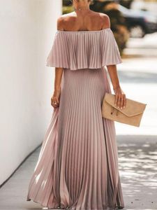 Basic Casual Dresses Elegant Women Off Shoulder Pleated Maxi Dress 2023 Fashion Wrapped Chest Evening Chic Floral Chiffon Swing Strapless 230609