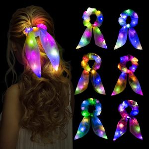 Light Up Bow Scrunchies for Girls, Cute Led Hair Scrunchie Ponytail Holders Scarf Hair Ties Women Rave Accessories Glow in the Dark Party Favors Supplies