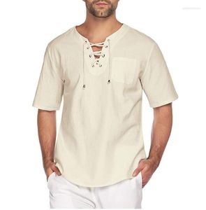 Men's Casual Shirts Men's Short Sleeve Tank Tops Summer Linen Cotton Solid Bandage V Neck Vest T Oversized For Men