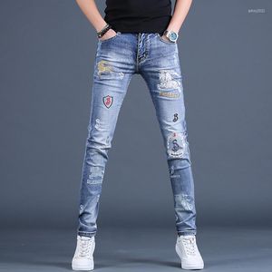 Men's Jeans Summer Embroidery Men's Thin Printed Light-colored Brand Elastic Feet All-match Hole Casual Teenager Pencil Trousers