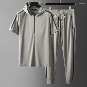 Herren-Trainingsanzüge mit Kapuze, Sport, lässige Herren-Sets (T-Shirt-Hosen), Sommer-Kurzarm-Gummi-bedruckte Herren-Anzüge, elastische Taille, Herren-Hosen